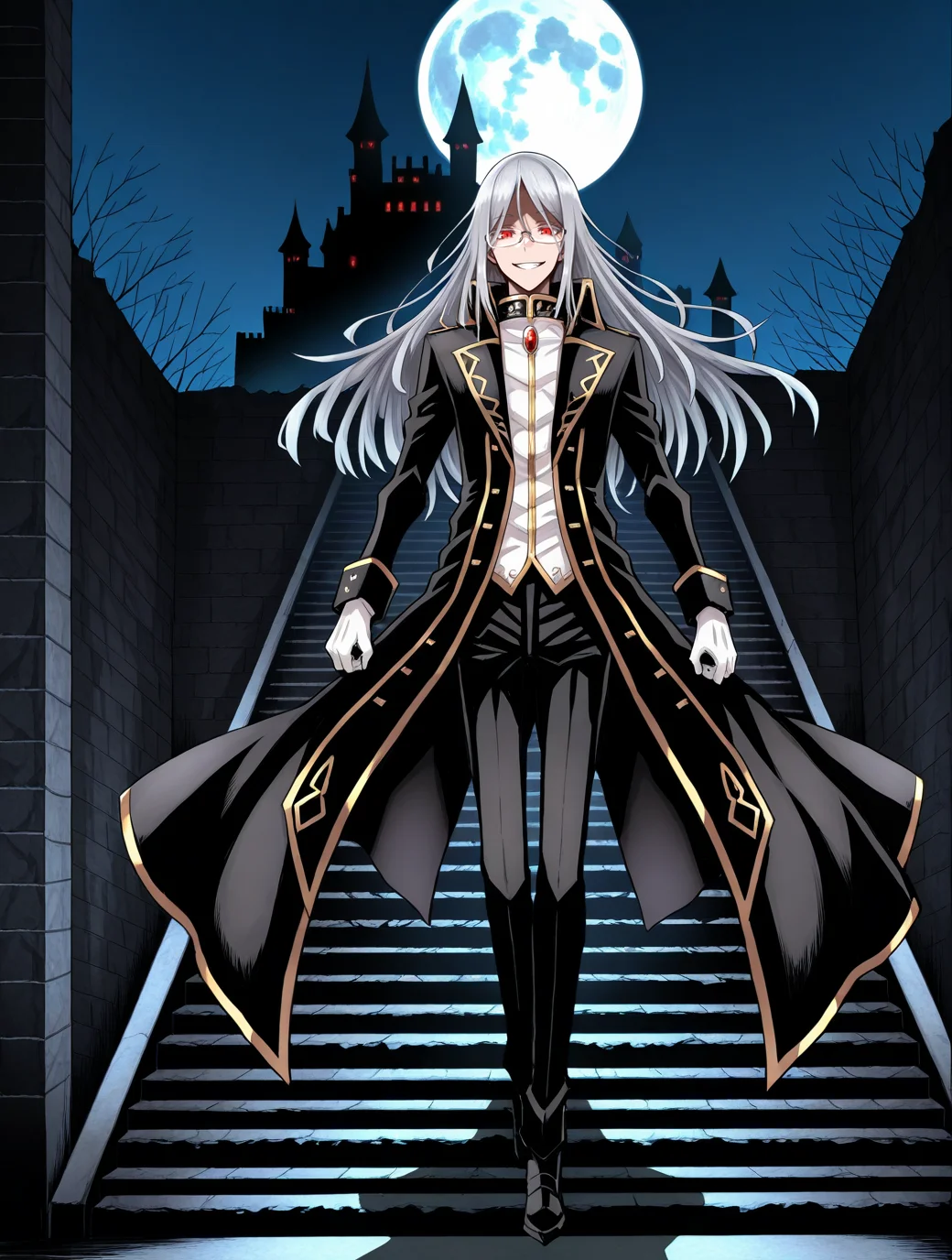 <lora:illustriousishioto_style:0.8>,ishioto style,solo,male focus,cool,1boy,glasses,shirt,silver hair,long hair,red eyes,black trench coat,gold trim,gem,white gloves,black pants,evil grin,looking at viewer,shadow,outdoors,dark,castle,ruins,full moon,night sky,on drop shadow,stairs,