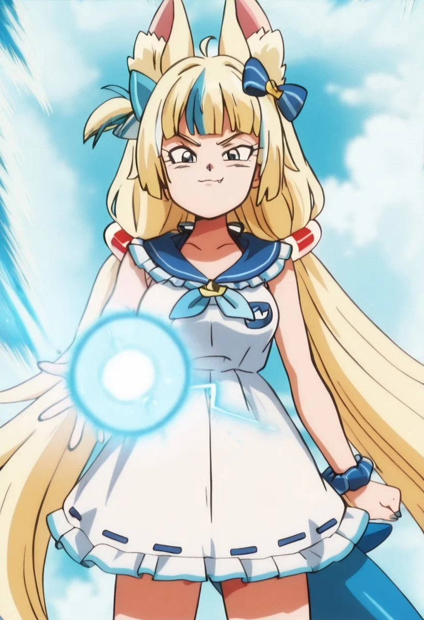 masterpiece, best quality, sameko saba, low twintails, animal ears, blue eyes, blonde hair, blue streaked hair, ribbon, blue hair bow, two-tone hair, lifebuoy hair ornament, fish tail, blue nails, neckerchief, blue frilled sailor collar, ribbon trim dress, white dress, long hair, ribbon, smile, single wrist scrunchie, blue sky, brooch, large breasts ,,
skin fang, looking at viewer,
smug, aura, super saiyan, charging energy, energy ball, blue energy, lightning, anime screenshot, retro artstyle, 1990s (style),