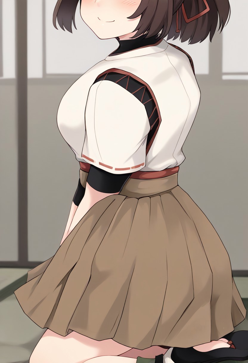 score_9, 1girl, isedefkc, short_sleeves_brown_skirt, (japanese_clothes:1.3), brown skirt, white shirt, black turtleneck, pleated skirt, green legwear, black zouri, black sandals, from side, blush, smile, kumasteam, looking at viewer, feet out of frame, from behind, looking back