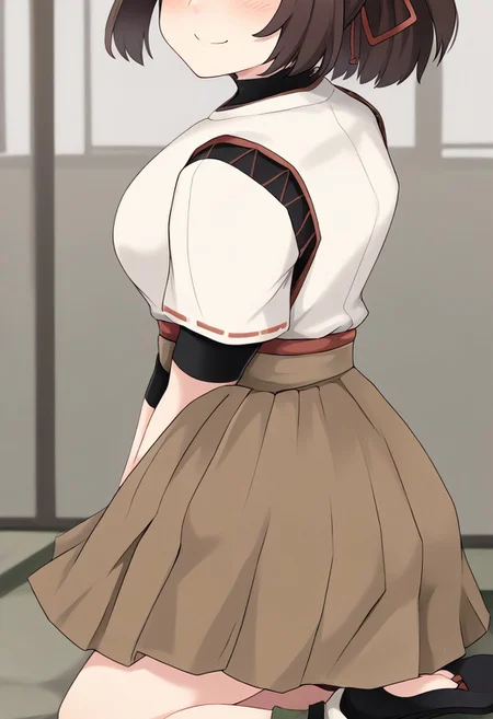 score_9, 1girl, isedefkc, short_sleeves_brown_skirt, (japanese_clothes:1.3), brown skirt, white shirt, black turtleneck, pleated skirt, green legwear, black zouri, black sandals, from side, blush, smile, kumasteam, looking at viewer, feet out of frame, from behind, looking back
