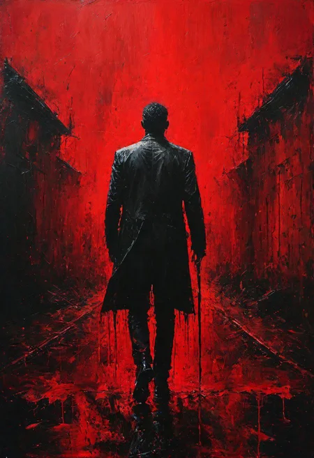 impactful paint of full body portrait of a man walks down a street full of blood, highly detailed, 8k, sharp, professional, clear, high contrast, high saturated, , vivid deep blacks, crystal clear