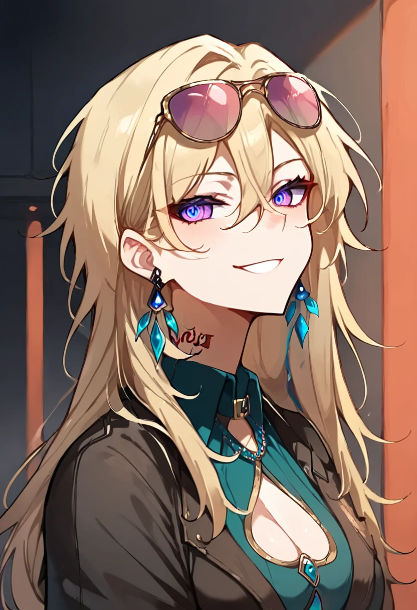 score_9, score_8_up, score_7_up, flat shading, from the side, <lora:Character_Aventurine (Genderswapped):1>, aventurine \(mtf\), genderswap \(mtf\), (two-tone eyes, multicolored eyes, purple eyes, blue pupils), looking at the viewer, seductive look, smirking, blonde hair, breasts, black jacket, cleavage cutout, clothing cutout, collared shirt, earrings, eyewear on head, hair between eyes, jewelry, earrings, long hair, neck tattoo, sunglasses, full body, <lora:Expressive_H:0.65> <lora:Smooth Anime Style LoRA XL:0.8>, Theme park background, Animated by Toei Doga,