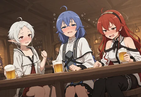 masterpiece, high quality, aged up, 3girls,, small breasts, roxy migurdia,  eris greyrat, sylphiette \(mushoku tensei\), fantasy, tavern,drinking glass,beer,drunk,blush,wavy mouth,   