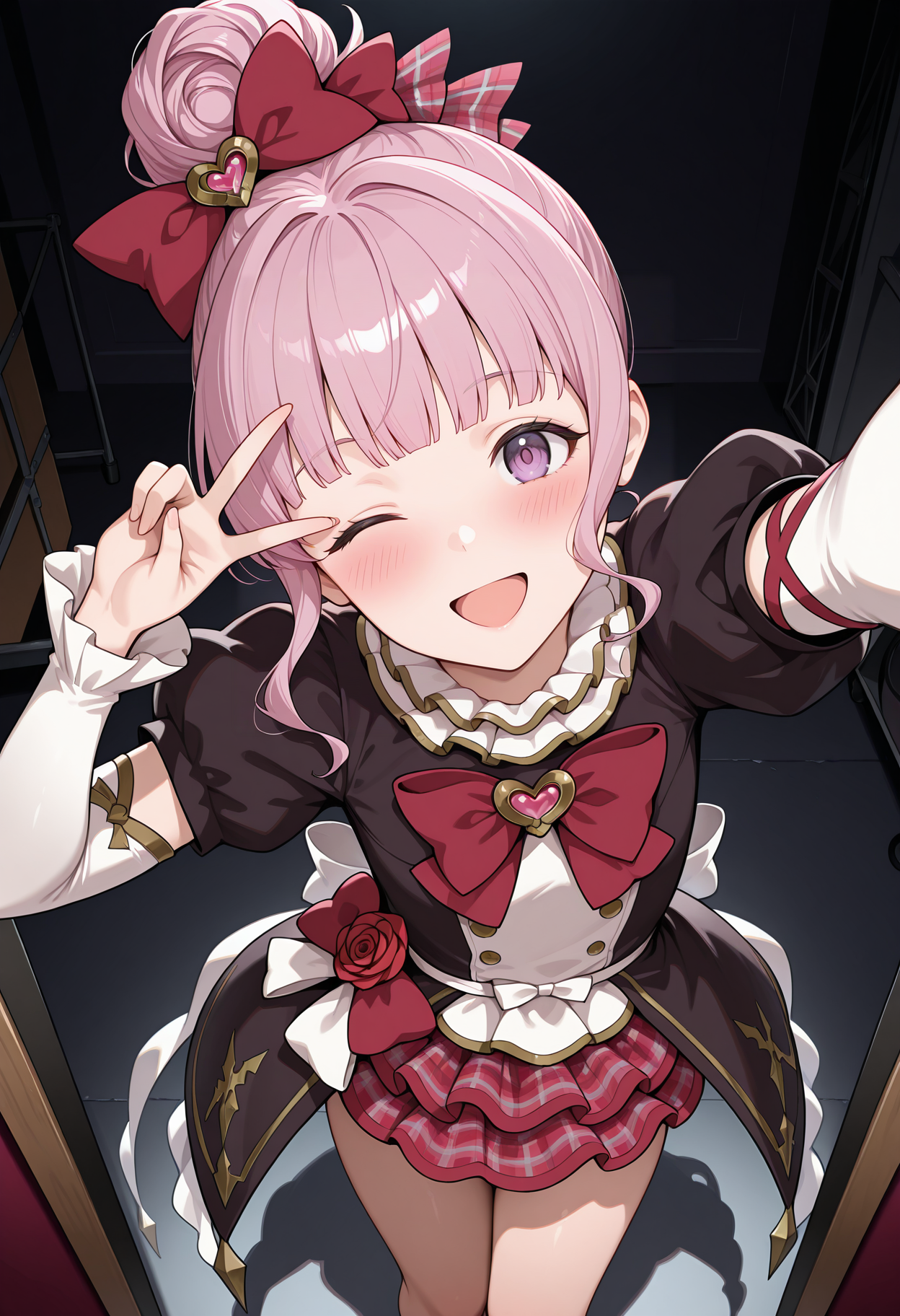 highres, best quality, masterpiece, backstage, 
1girl, solo, gbflinr, single hair bun, pink hair, sidelocks, purple eyes, flat chest, blunt bangs,
glinrdef, red bow, hair ornament, black dress, two-tone dress, frilled collar, red bowtie, heart brooch, puffy short sleeves, detached sleeves, white sleeves, layered sleeves, layered skirt, rose, plaid skirt, red skirt, thighs,
looking at viewer, blush, smile, open mouth, one eye closed, 
standing, v, selfie, foreshortening, from above,
<lora:_linaria_gbf-elesico-ilxlA:1>