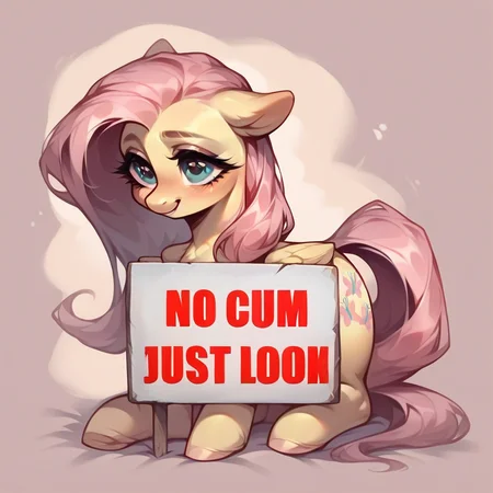 (score_9, score_8_up, score_7_up, score_6_up, score_5_up, score_4_up), (rating_questionable:1.3), feral, female, (pony:1.2), fluttershy, full body, <lora:No_cum_table_Pony:1>, no_cum_sign, text "no cum just look" <lora:Smooth Style 2 SDXL_LoRA_Pony Diffusion V6 XL:0.8>