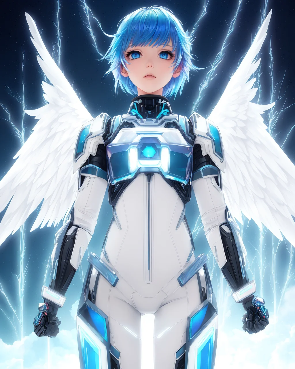 bangs! robot arms! angel wings, iridescent! closeup! light baby blue hair, cloud background, masterpiece, cyborg, 19 year old young woman, by Franois Quesnel, best quality, epic, cinematic! sharp focus, 8k, extremely detailed swords! photo realistic, swords! pale, outstanding, extreme detail, scifi body suit collar, by mike winkelmann beeple, style of Artgerm and WLOP and Ilya Kuvshinov, outstanding (face war paint:1.2)
wanostyle mksk style female wearing full body multiple stitched layer (anime screenshot! blue lightning! bright blue hair! leather armor, angel wings! blue eyes, white metal body! vibrant over saturated, fabric with intricate pattern:1.3) pink  kai <hypernet:kai:0.3> anime screencap <lora:animeScreencapStyle_v230epochs (1):0.1>(white body suit, iridescent vibrant over saturated:1.3) <hypernet:last:0>