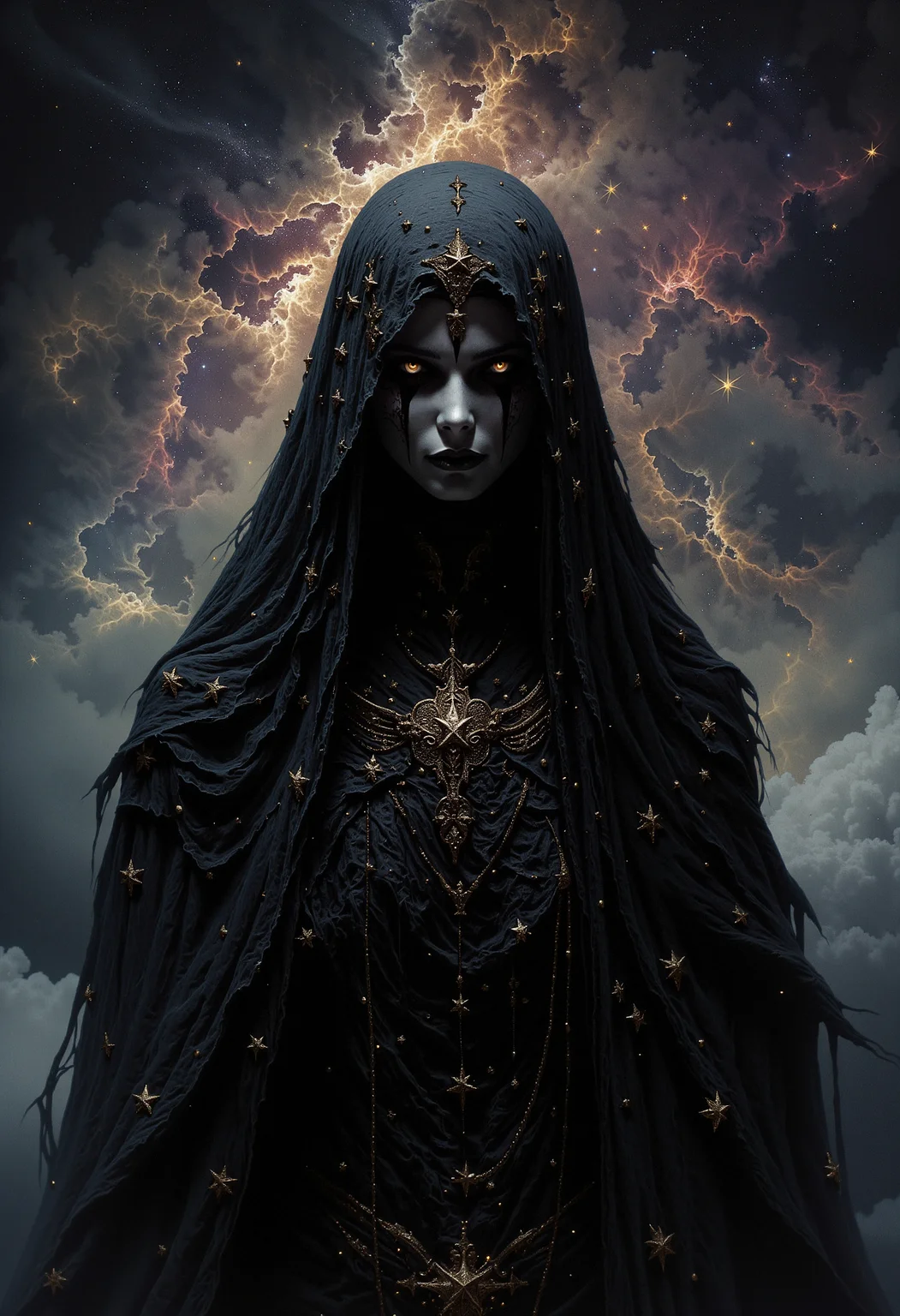 A mysterious female figure with pale white skin and no visible eyebrows. Her eyes are hidden behind a black lace veil adorned with gold stars of varying sizes. Her long, wavy black hair frames her face and falls down her shoulders. Her lips are full, painted a soft matte white. She is dressed in a layered, intricately detailed black gown decorated with tiny golden stars and delicate chains. The image captures her from the front, focusing on the upper half of her body. A vast, starry sky with swirling nebulas and distant galaxies. The background is filled with soft hues of deep blue, purple, and black, with stars glimmering faintly in the distance. The ethereal light from the stars softly illuminates the figure, adding a cosmic and otherworldly atmosphere. The scene feels endless and vast, as if the figure is standing in the middle of space. <lora:dark_fantasy_flux:0.83> <lora:FredFraiStyle-FLUX-Share:0.63> <lora:sxz-Dark-Fantasy-v2-Flux:0.33> drkfnts style, <lora:flux.1_lora_flyway_Epic-Characters_v1:0.43>