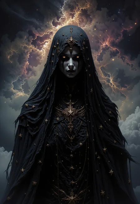 A mysterious female figure with pale white skin and no visible eyebrows. Her eyes are hidden behind a black lace veil adorned with gold stars of varying sizes. Her long, wavy black hair frames her face and falls down her shoulders. Her lips are full, painted a soft matte white. She is dressed in a layered, intricately detailed black gown decorated with tiny golden stars and delicate chains. The image captures her from the front, focusing on the upper half of her body. A vast, starry sky with swirling nebulas and distant galaxies. The background is filled with soft hues of deep blue, purple, and black, with stars glimmering faintly in the distance. The ethereal light from the stars softly illuminates the figure, adding a cosmic and otherworldly atmosphere. The scene feels endless and vast, as if the figure is standing in the middle of space. <lora:dark_fantasy_flux:0.83> <lora:FredFraiStyle-FLUX-Share:0.63> <lora:sxz-Dark-Fantasy-v2-Flux:0.33> drkfnts style, <lora:flux.1_lora_flyway_Epic-Characters_v1:0.43>