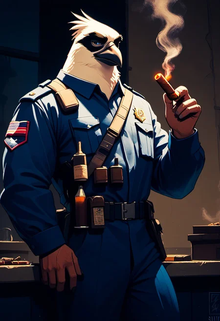 score_9, score_8_up, score_8, haze, bird, 1boy, uniform, male focus, solo, cigar,