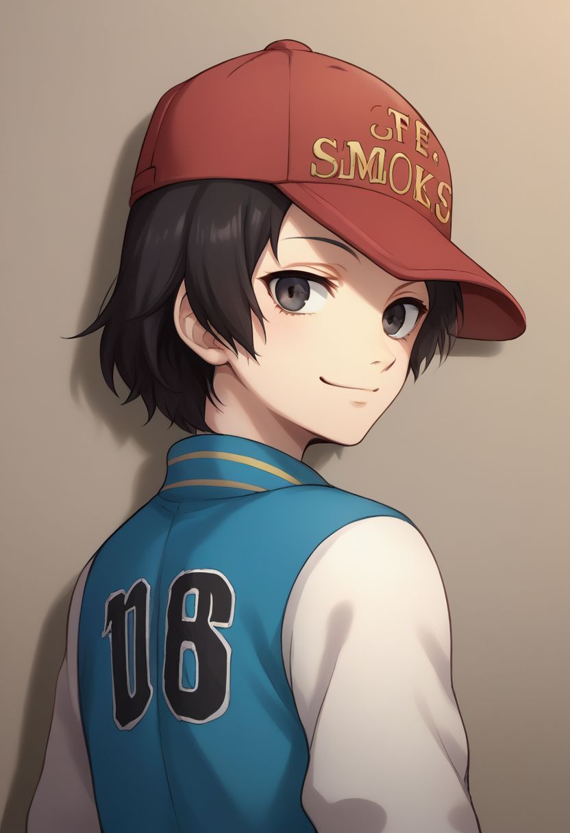score_9, score_8_up, source_anime, highly detailed, 1boy, solo, skinny,
shinya, 1boy, hat, solo, baseball cap, jacket, black hair, hands in pockets, black eyes, short hair, upper body, letterman jacket, red headwear,
looking at viewer, smile,
from back, looking back,