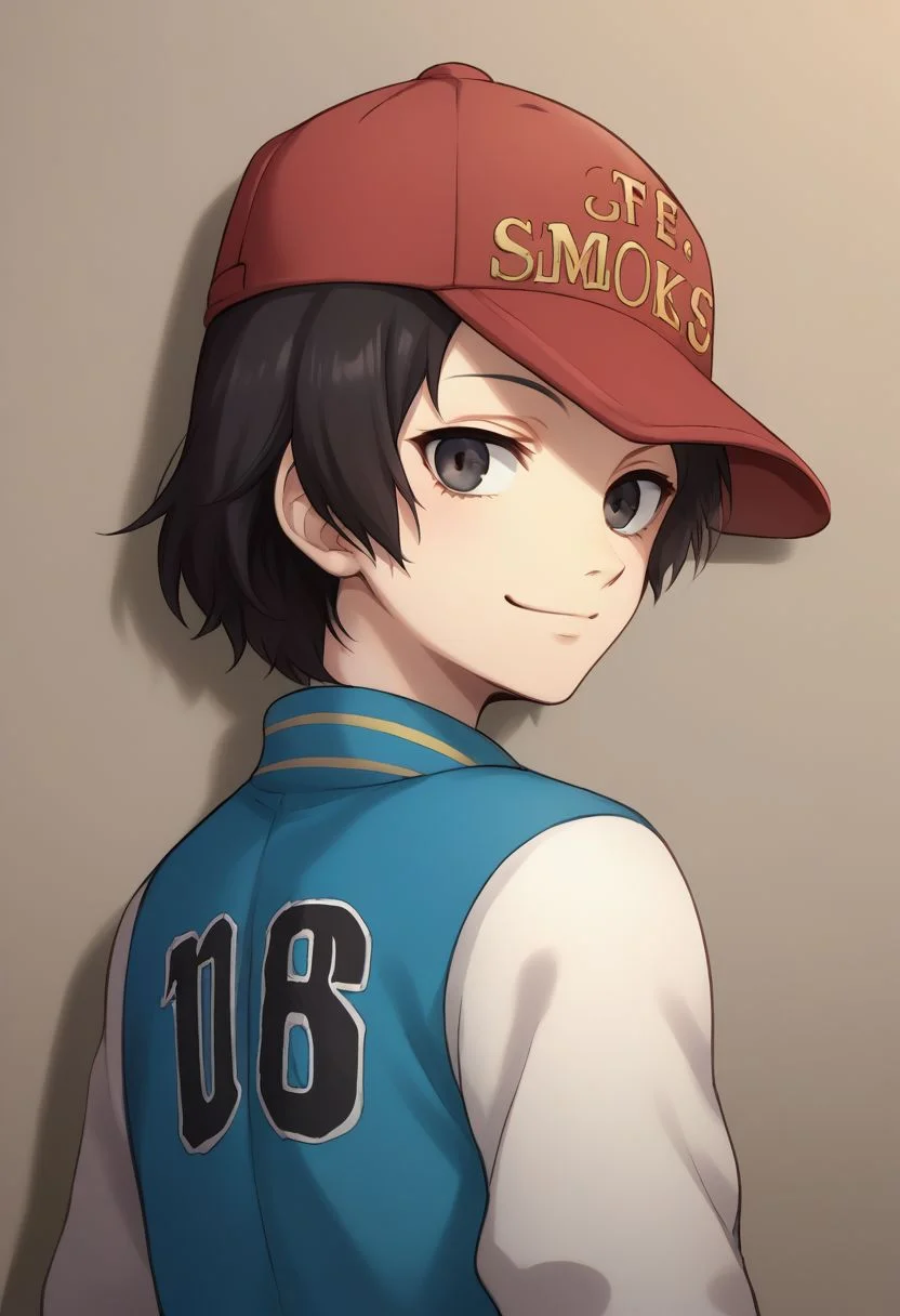 score_9, score_8_up, source_anime, highly detailed, 1boy, solo, skinny,
shinya, 1boy, hat, solo, baseball cap, jacket, black hair, hands in pockets, black eyes, short hair, upper body, letterman jacket, red headwear,
looking at viewer, smile,
from back, looking back,