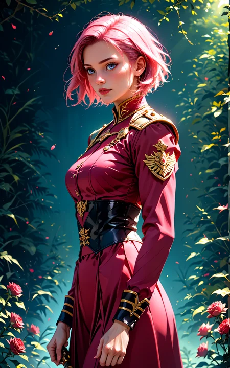4n1v3rs3, score_9, score_8_up, score_7_up,
steadfast woman with pink hair, standing guard with sword at the ready, red roses surrounding her, vigilant expression, soft lighting, vibrant colors, high contrast, hyper-realistic, strong pose, detailed, high-definition, protective, cinematic, calm, poised, regal atmosphere
noblewoman, military uniform, long sleeves, short hair,