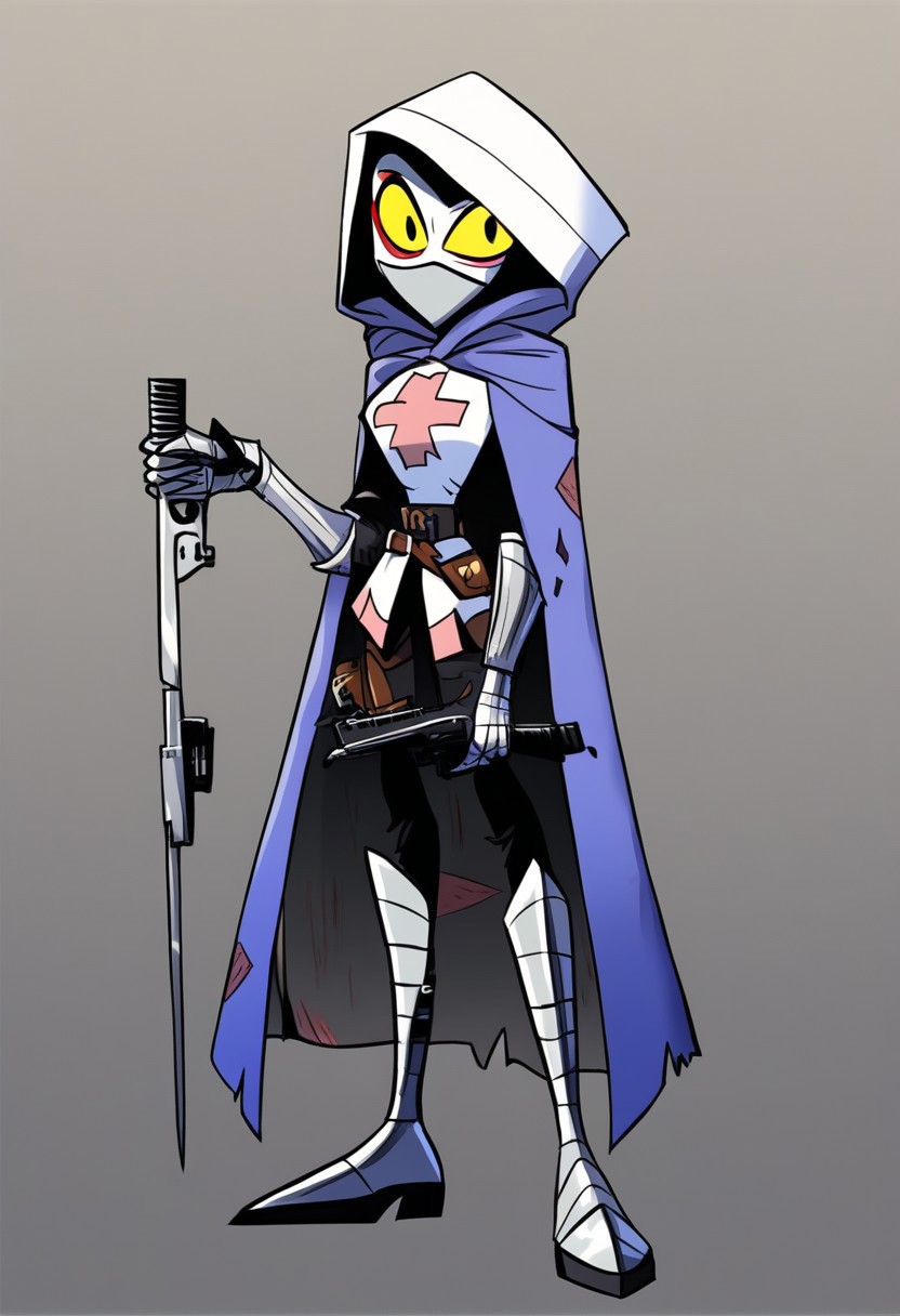 HCSV1, human, knight, tall,
1man, solo, full body, thick steel boots, silver gauntlets, metal face mask, silver mask, hooded cloak, small scratches on mask, yellow eyes, tunic, gradient background, pistol chest holster, looking at viewer, weapon back carryon