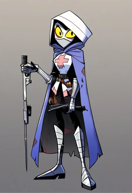 HCSV1, human, knight, tall,
1man, solo, full body, thick steel boots, silver gauntlets, metal face mask, silver mask, hooded cloak, small scratches on mask, yellow eyes, tunic, gradient background, pistol chest holster, looking at viewer, weapon back carryon