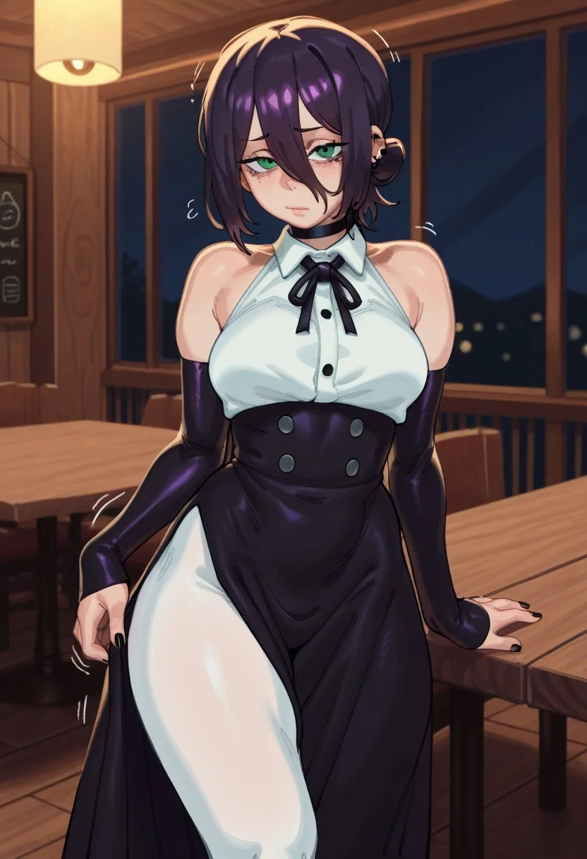 fine detail, high quality eyes, amazing quality, very aesthetic, high resolution, Masterpiece, best quality, (eigaka:0.6), (S4s4k1Nsfw), 
solo, looking at viewer, front view, shy pose, standing, cowboy shot, 
1girl, (reze from chainsaw man), black hair, short hair, green eyes, maid dress, bare shoulders, elbow gloves, long skirt, white pantyhose, black nails, makeup, mole under eyes, (medium breasts:0.8), small thighs, cute, annoying face, motion lines, 
Cafe background, night, tables, blur background