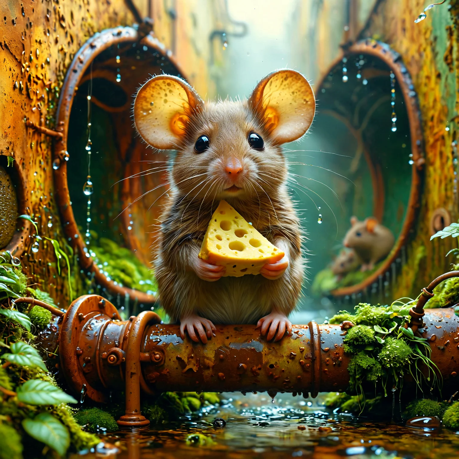 Painting by Ron English winding city sewer tunnel, mossy walls, rusty wet pipes and fittings stretch along the walls, a rats sits on the pipe and holds a one cheese in his paws . detailed fur, water droplets falling down, Cute Animals, zhibi, contrasting shadows, god rays, dust, light mist, pastel shades, detailed, immersive . pop-surrealism, cultural subversion, iconic mash-ups, vibrant and bold colors, satirical commentary