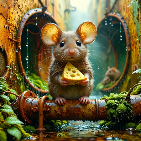 Painting by Ron English winding city sewer tunnel, mossy walls, rusty wet pipes and fittings stretch along the walls, a rats sits on the pipe and holds a one cheese in his paws . detailed fur, water droplets falling down, Cute Animals, zhibi, contrasting shadows, god rays, dust, light mist, pastel shades, detailed, immersive . pop-surrealism, cultural subversion, iconic mash-ups, vibrant and bold colors, satirical commentary