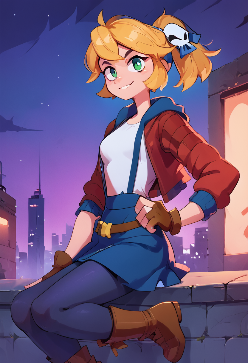 score_9, score_8_up, score_7_up, score_6_up, source anime,nsfw, expressive, perfect face, detailed eyes, Cadence_Rift, solo, skirt, blonde hair, shirt, hair ornament (skull), gloves, green eyes, jacket, suspenders, ponytail, pantyhose, boots, open clothes, belt, hood, fingerless gloves, open jacket, blue skirt, brown footwear, red jacket, brown gloves, hand on hips, smile, sitting on a wall, night-time, skyline background, <lora:OtherStyle_03:1> <lora:Cadence_Rift_XL-07:1>