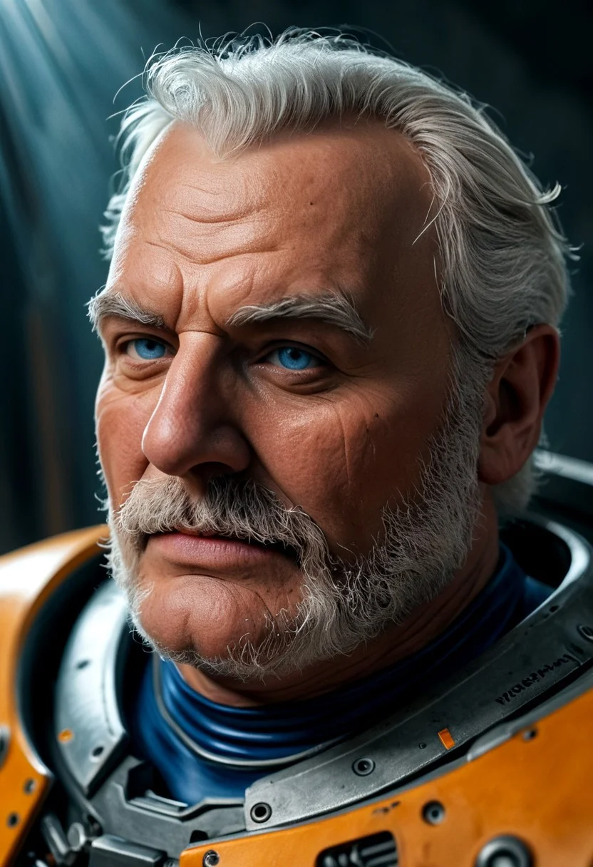 realistic, closeup portrait, face portrait, focus on face, seen from the side, dark cyberpunk megacity, neonlit background, volumetric light rays, natural light, alone, solo, relaxed cute pose, arm resting on leg, old granddad, old man, grandpa, tanned skin, strong tan, pubic-hair, pale blonde short hair, small flat crooked down nose, bushy eyebrows, hairy chest, chesthair, strong manly round chubby face, deep blue eyes, (charming, handsome, sensual, arrogant, challenging), wearing orange cybernetic armor, cables and wires, analogue tech, scifi armor, blue latex bodysuit, cybernetic bodysuit, cyberpunkt accessoires
