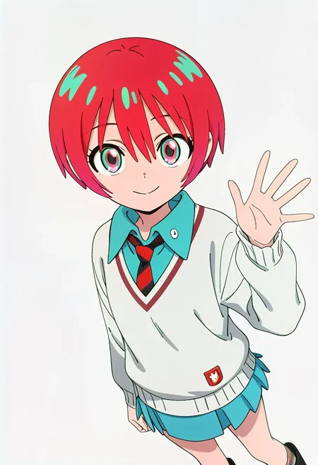 1girl, GQuX-amate_yuzuriha, red hair, multicolored hair, short hair, aqua eyes, multicolored eyes, aqua shirt, striped necktie, white sweater, aqua skirt, grey socks, black boots, 
little smile, closed mouth, looking at viewer, standing, cowboy shot, dutch angle, looking at viewer, hand up, waving, white background, 
masterpiece, best quality, absurdres, unity 8k wallpaper, official art, official style, source_anime, uncensored, anime screencap, anime coloring, (ai-generated:0.6) <lora:GQuX-amate_yuzuriha_XL(ill):0.9>