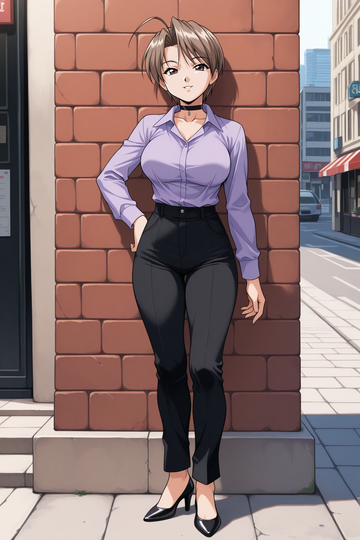 masterpiece, best quality, 1girl, solo,  <lora:konnomitsune-illu-nvwls-v1:1> knomt, brown hair, short hair, ahoge, brown eyes, large breasts, purple shirt, collared shirt, black choker, collarbone, long sleeves, black pants, full body, high heels, city street, sidewalk, 1990s \(style\), looking at viewer, smile, parted lips