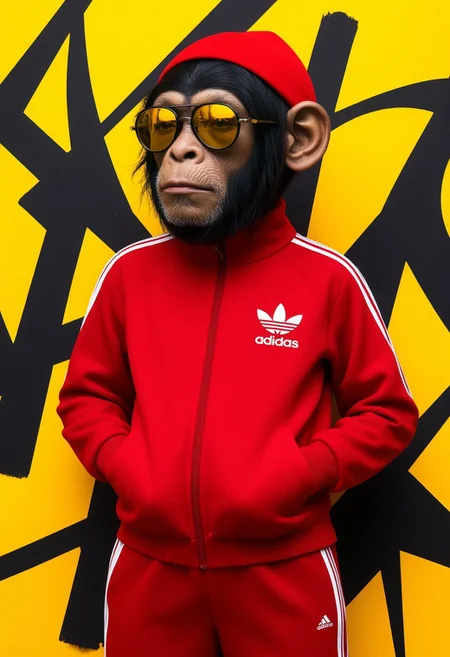 hyperrealistic full-body shot of a chimp with yellow sunglasses wearing a red Adidas-style tracksuit and a red beanie. the background is graffiti shapes in a yellow and black color scheme