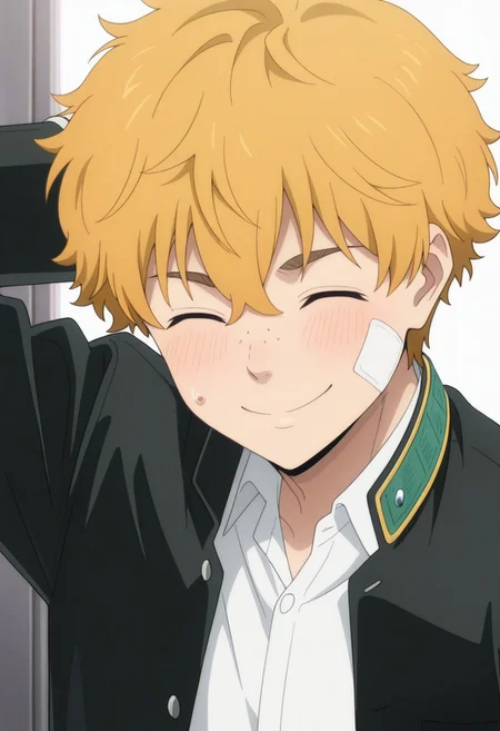 masterpiece,best quality,amazing quality, source_anime,
AkihikoNirei, 1boy, male focus, closed eyes, smile, solo, blonde hair, arm behind head, bandaid, bandaid on face, sweatdrop, freckles, school uniform, jacket, black jacket, open jacket, shirt, white shirt, collared shirt,