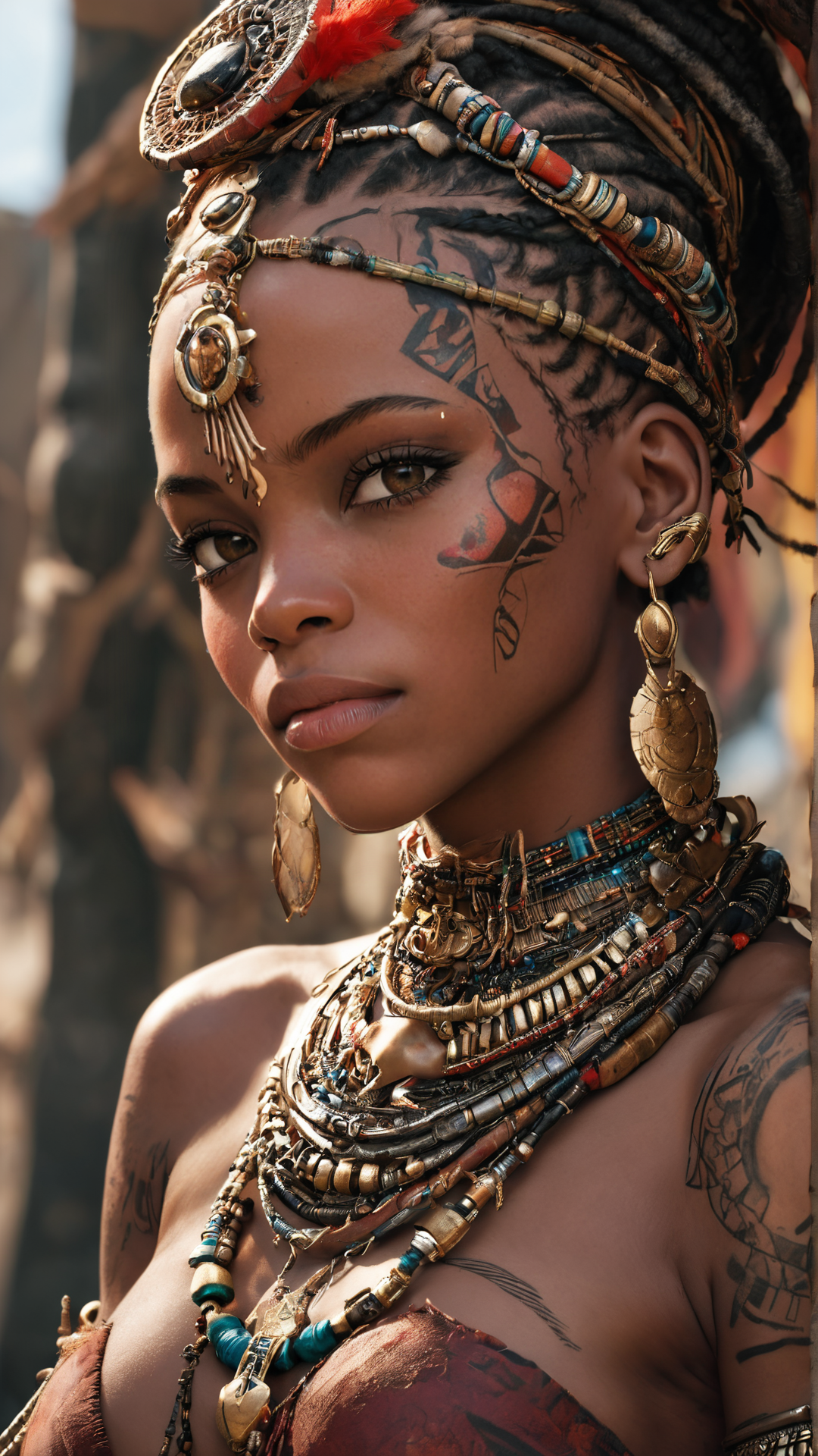 A regal African warrior woman adorned with intricate tribal jewelry, detailed facial tattoos, vibrant clothing, realistic textures, ultra-high definition, natural lighting, photorealistic, highly detailed, sharp focus, cinematic, hyperrealism