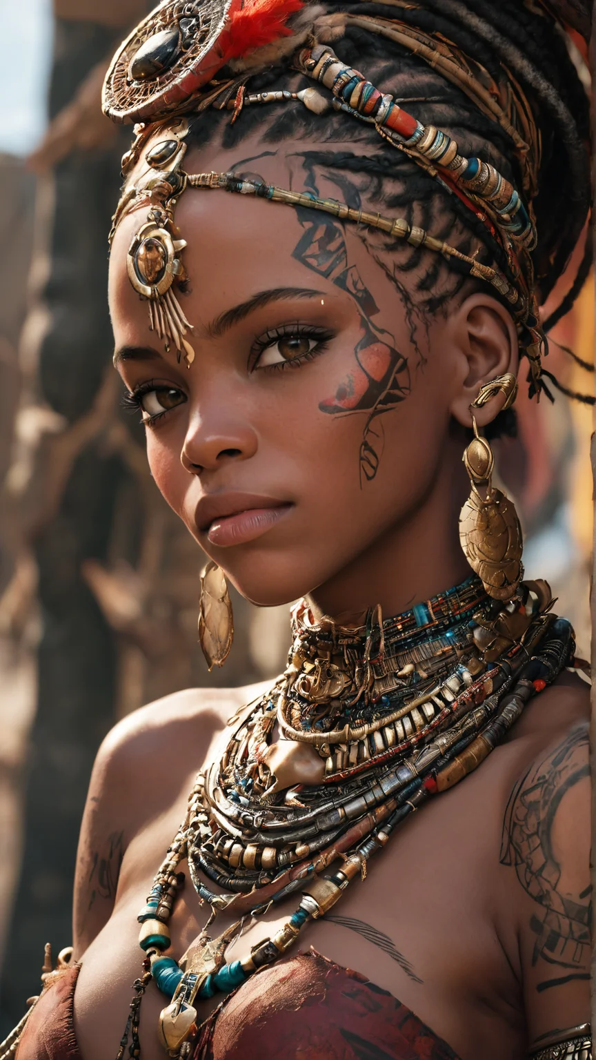 A regal African warrior woman adorned with intricate tribal jewelry, detailed facial tattoos, vibrant clothing, realistic textures, ultra-high definition, natural lighting, photorealistic, highly detailed, sharp focus, cinematic, hyperrealism