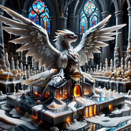 embedding:lazyup,sl1m3d,slime-morph, a fallen angel with slime-feathered wings, trapped in a stained glass cathedral where light refracts through gelatinous walls <lora:Slime_Morph_V4_(1):1.0000000000000002> <lora:add-detail-xl:0.9000000000000001>