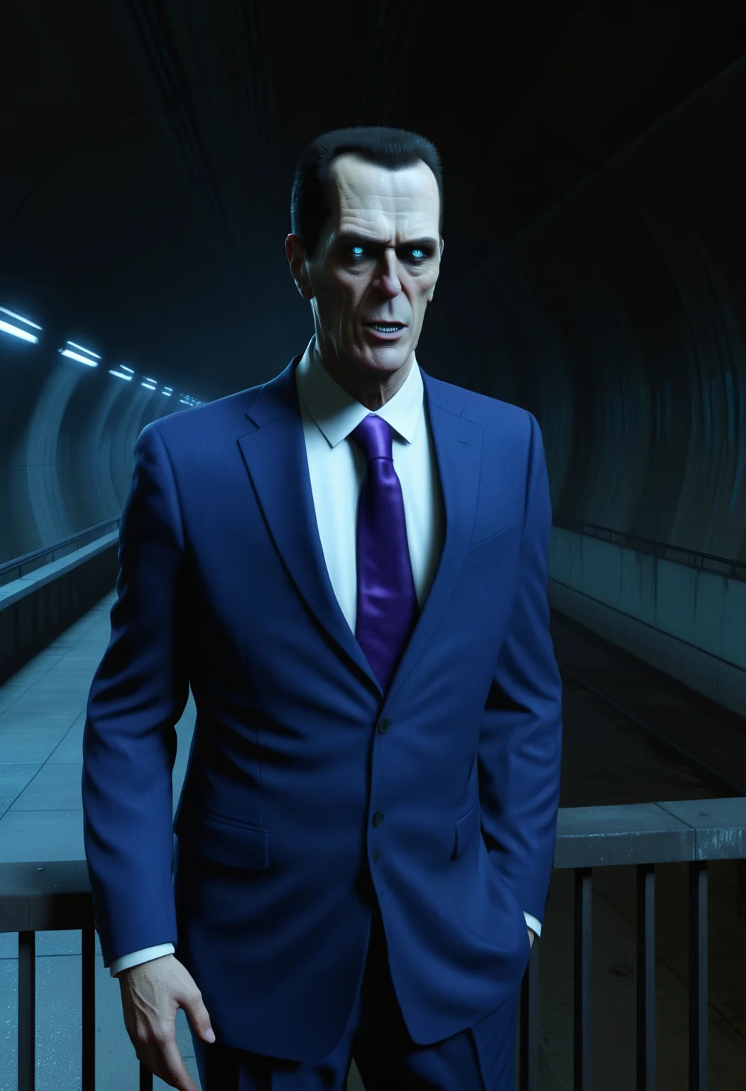 Gman, thin middle-aged, suit, dark purple tie, pale skin, black hair, blue eyes, expressionless, standing on a balcony, city 17 tunnel at night,
combinestyle