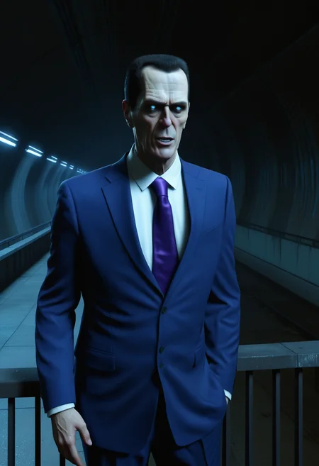 Gman, thin middle-aged, suit, dark purple tie, pale skin, black hair, blue eyes, expressionless, standing on a balcony, city 17 tunnel at night,
combinestyle