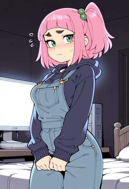 masterpiece, best quality, black outlines, score_9, score_8_up, score_7_up, soft lighting, dramatic lighting, artist:wamudraws, fishine, (backlighting:1.6), 1girl, solo, kiui_watase, pink hair, blunt bangs, short hair, green eyes, thick eyebrows, side ponytail, dark blue hoodie, baggy clothes, overalls, bedroom, dark bedroom, sexy, looking back at viewer, seductive, embarrassed, (annoyed:0.6), computer, pc, medium breasts, on bed, bed,