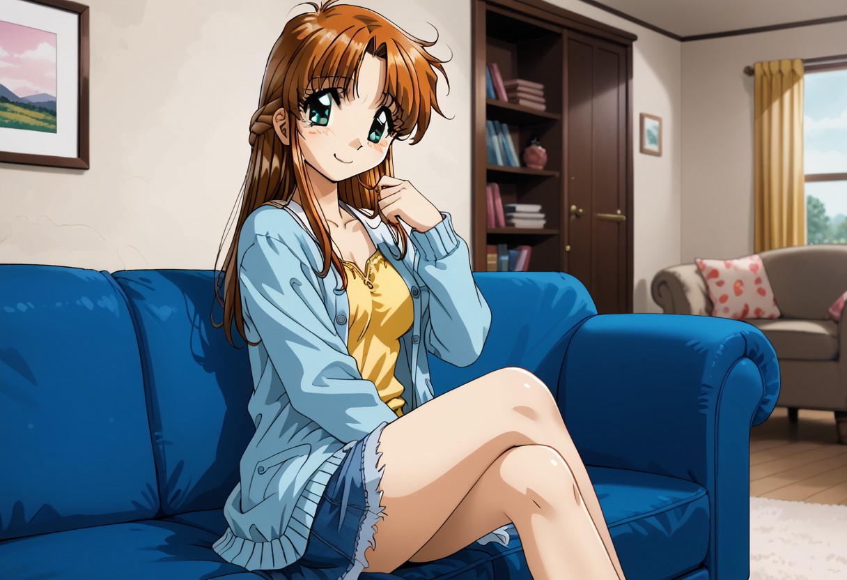 detailed background, shiny skin, rating safe, <lora:komirin.pony:1.0>, komirin, seina, solo, female focus, smile, medium breasts, blue cardigan, long sleeves, open cardigan, yellow shirt, denim skirt, indoors, living room, sitting, on couch, multiple boys