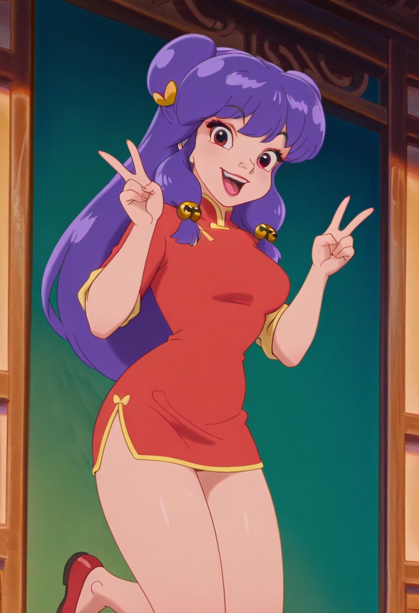 DisneyRenstyle,
masterpiece, best quality, amazing quality, very aesthetic, absurdres, newest, detailed background, 4k, 8k,
shampooxd, 1girl, dress, solo, purple hair, chinese clothes, breasts, double v, v, red eyes, smile, long hair, open mouth, china dress, double bun, looking at viewer, red footwear, hair bun, red dress, large breasts, hair ornament, :d, hair bell, bangs, short dress, bell, thighs, 
medium breasts,