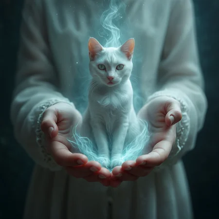 Holding a ghostly ethereal spirit cat in her hands.

<lora:Conjuring01a_CE_XL_300-OT:0.6> cnjrngCE_style