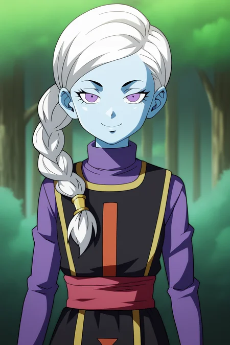 score_9, score_8_up, score_7_up, score_6_up, BREAK, KusuDBSPXL, colored skin, blue skin, purple eyes, white hair, single braid, side ponytail, long hair, flat chest, turtleneck, purple undershirt, long sleeves, black dress, red sash, underskirt, purple skirt, solo, front view, (portrait, upper body), solo focus, seductive smile, looking at viewer, forest, tree <lora:KusuDBSPXL:1>