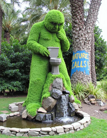 A medium shot of an unusual garden sculpture of a "Grass Man," a human-like figure entirely made from thick green grass, moss, and vines, positioned in a quirky, lush setting. The Grass Man has an expression of intense concentration, his arms raised as he holds a stone toilet. From his grass-covered backside, water flows down like a waterfall, filling a small pool below. The scene is unexpectedly serene, despite the comical premise, as the water cascades down from his body into the pool, creating the image of a natural water source feeding the landscape. Palm leaves and bushes surround the sculpture, and the vibrant green plants covering his body give the impression that this figure has sprouted directly from the earth itself. Graffiti on a nearby tree reads âNature Callsâ in bright, playful letters, adding an extra layer of humor to the already absurd scene. The waterfall's gentle flow adds to the overall peaceful vibe, but the Grass Manâs bathroom situation is the real highlight, mixing tranquility with pure absurdity in a landscape that seems to embrace the ridiculous <lora:amateurphoto-v6-forcu:0.8>