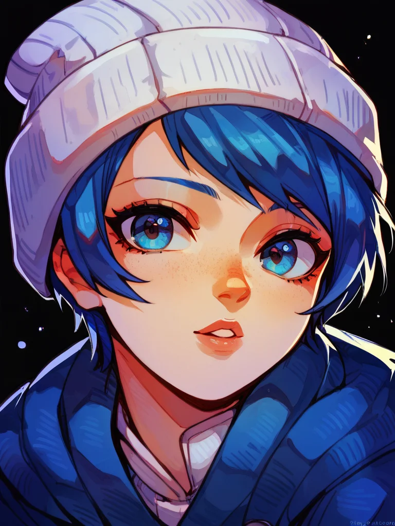 score_9, score_8_up, score_7_up,  
1girl, face, close-up, black background, blue hair, short hair, blue eyes, blue coat, white beanie, looking at viewer, parted lips,