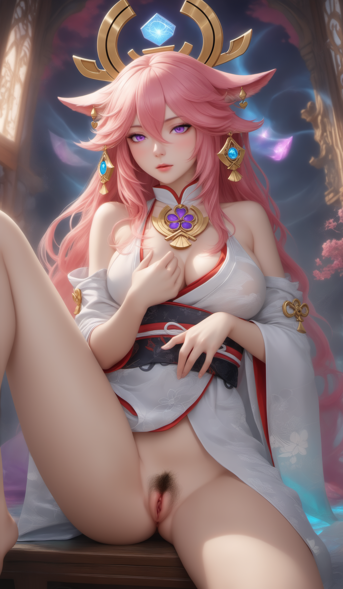 yae miko,pinke hair,long hair,fox ears, hair ornament, earrings, purple eyes,bare shoulders, detached sleeves,wide sleeves, jewelry,sideboob,japanese clothes, (genshin impact),(masturbation, touching own pussy:1.4),(pubic_hair:1.4),
(Best quality,masterpiece,absurdres,ultra realistic:1.4),(Rococo:1.4),(close portrait:1.3),(((photo raw)),),peerlessly , beautiful detailed eyes,(see-through_clothing),(Elegant),shine,glowing,sparkling,energy coalescing and vibrating,(dynamic angle,dynamic pose),full_body,W-sitting,nsfw, topless, nude,
wearing see-through cheongsam,charming,alluring,seductive,enchanting,cleavage,exposed,(Dream_wave:1.22),
(baggy upper body clothing, Halter Neck, lace,   three-quarter sleeves, high-low hemline, high waist, belt,, slim lower body clothing, electroluminescent silk, Weft-Faced Technique,  cropped length, natural waist, Front Pockets,,side seam slits,,belt included,,Prints),(wristwatch, polished loupe clean aquamarine, heart cut, culet facets, 3.00 carat, colorful,    eclat, yellow gold, resilient, hard-wearing, diffusion, cathedral setting, conflict-free, exquisite, gothic revival, renaissance, talisman and amulets),( magical realm warp gate,mountain sunrise,flight,blue sky),(ivory black torrid celestial),(stellar interceptor bridge, metal roofing roof,plastic lumber,holographic solar absorbers, Luminescent Deep-Sea Creatures, floodlights),
(Around floating colorful blood:1.4)the most beautiful form of chaos,(hexagon:1.4),(colorful herbs:1),