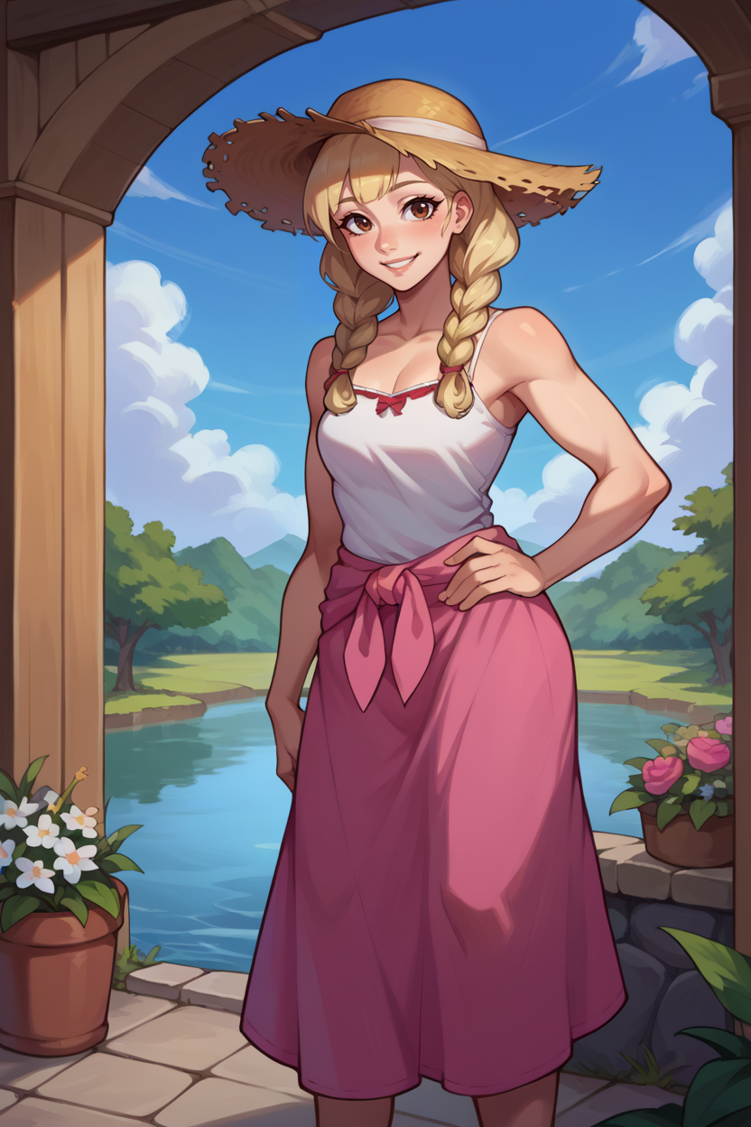 score_9, score_8_up, score_7_up, score_6_up, source_anime, BREAK 1girl, <lora:dcelf-pdxl-nvwls-v1-000005:1> dcElf, light blonde hair, brown eyes, twin braids, straw hat, white camisole, pink sarong, standing, garden, blue sky, lake, looking at you, smile