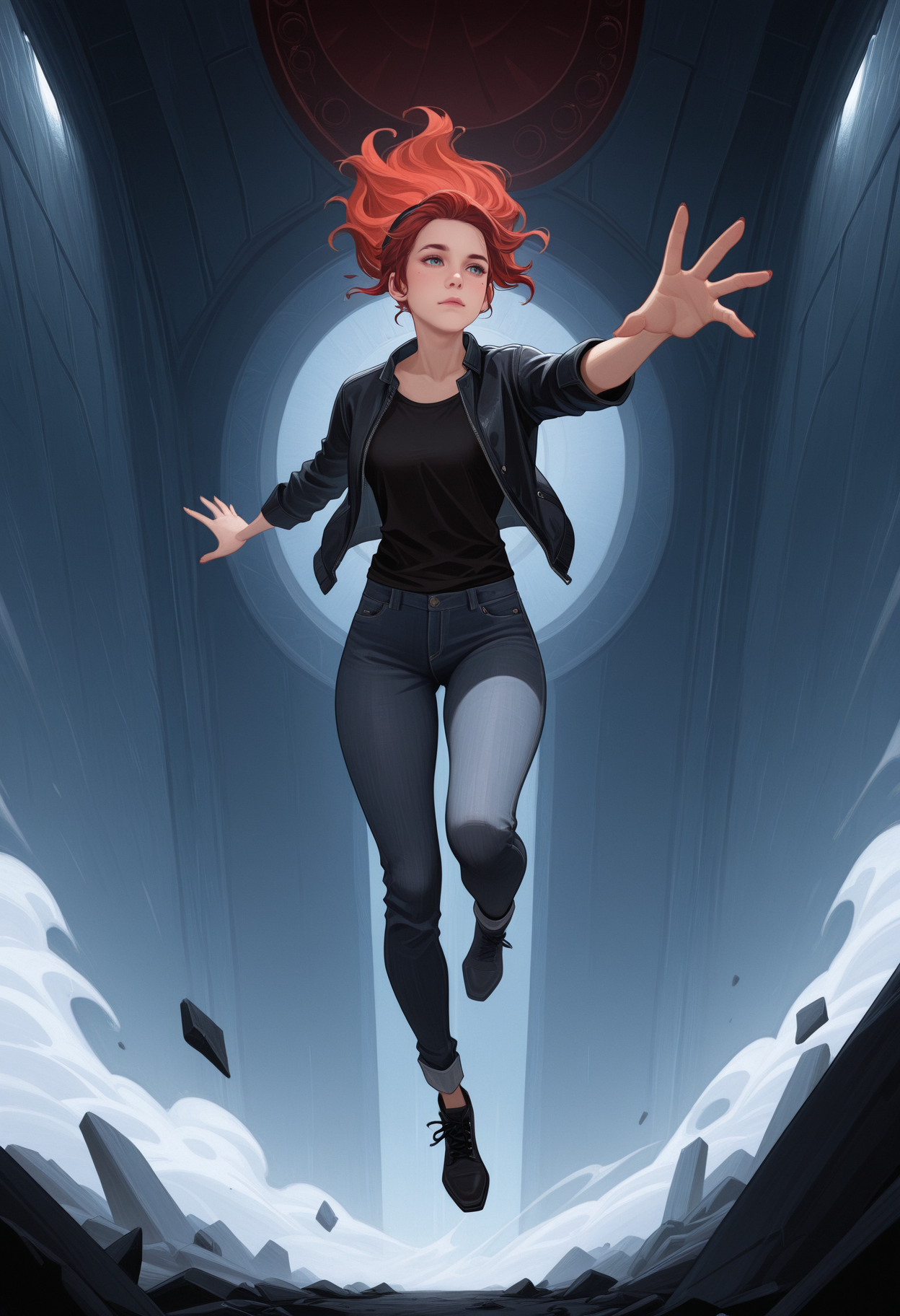masterpiece, best quality, amazing quality,j3ss3, <lora:jesseFaden_illustrious_byJaneB:1> 1girl, solo,
jeans, black shirt, jacket, outstretched hand, floating, debris,<lora:afkArenaIllustrious:1> afkArenaStyle