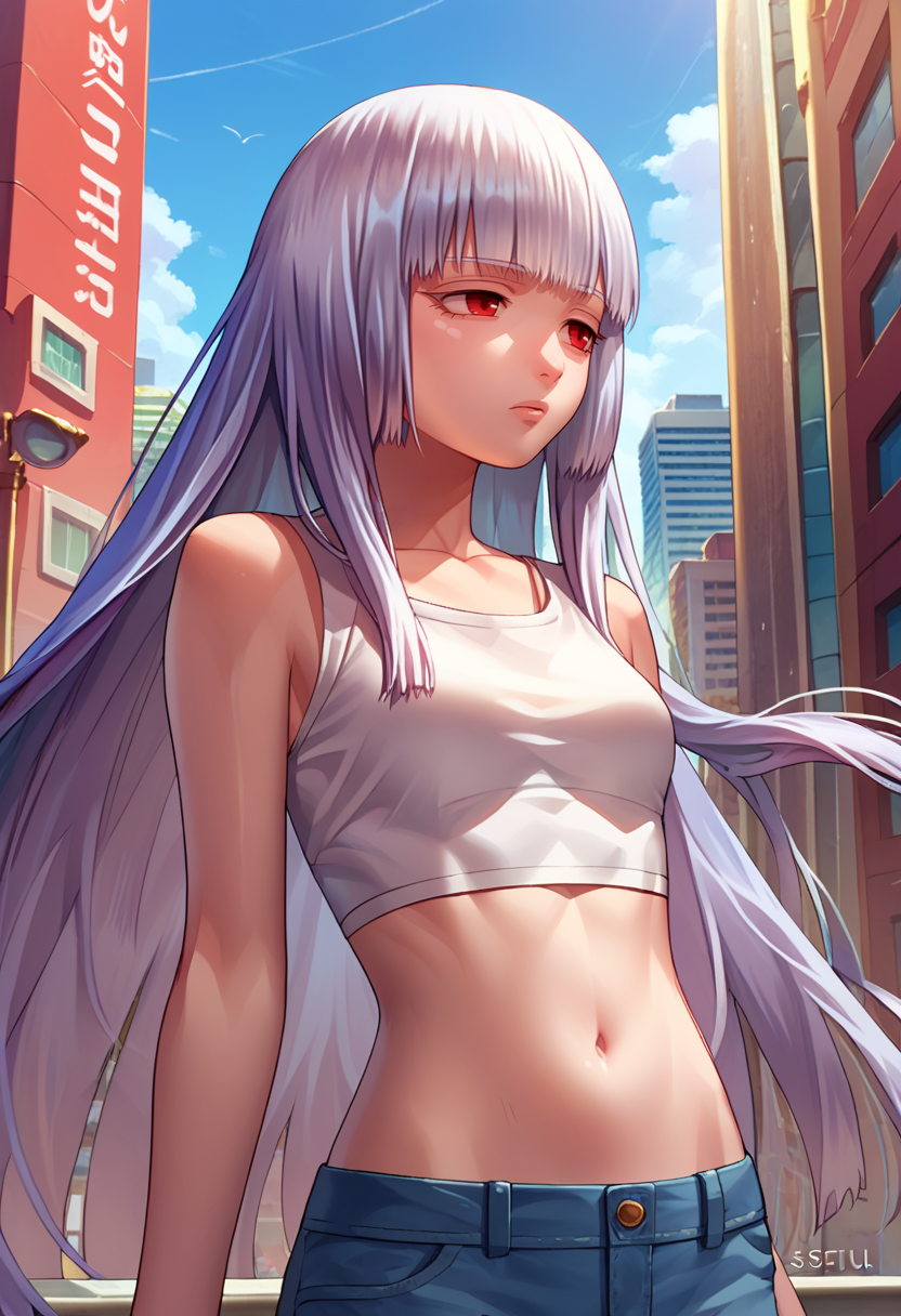score_9, score_8_up, score_7_up, 1girl, Uematsu Rikako, silver hair, long hair, red eyes, crop top, jeans, city,    <lora:RIkako 50e-000048:1>