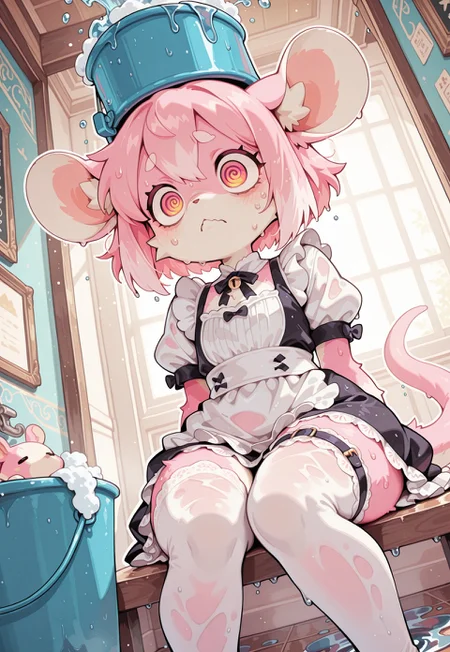 perfect eyes, S4bit4mago_illu, anime style, s0wasow4rt_illu, masterpiece, newest, highres, score_9, score_8_up, score_7_up, Nameless_Style, rat girl, _Style, rat, furry:1.2, Cartoon_Type, curvy, fluffy1.3, shortstack rat girl, small chest, lace styled dress, maid outfit, short skirt, (close up), panoramic view, hallway, lots of dishes, short hair, thick white outline, white stockings, wet clothes, pink hair, wet fur, sitting on floor, water everywhere, spilled bucket, bucket on head, curvy, suds on head, soapy water everywhere, white lace, short sleeves, thigh garter, face focus, fabric, intricate lace, leaning over, intricate details:1.2, long dress, pink fur, stockings, standing upright, rat tail, wide eyes,, dizzy, spiral eyes, worried, sweating, panicking, nervous, washing, dynamic angle, exhausted, countershade fur, stylish, pose, high quality, cute background,