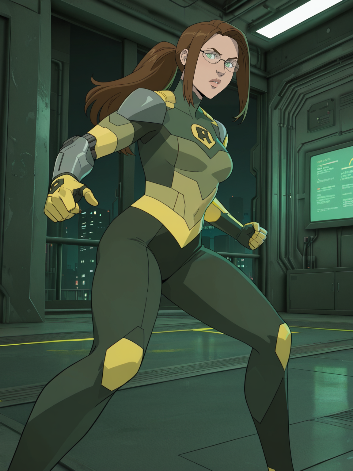 <lora:Shrinking_RaeIL:0.8> s_r, 1girl, brown hair, ponytail hair, green eyes, glasses,
looking at viewer, cyberpunk, augmentations, prosthetic, metal arm, GLOWING CYBERNETIC EYE,difficult background, at night, dynamic pose,