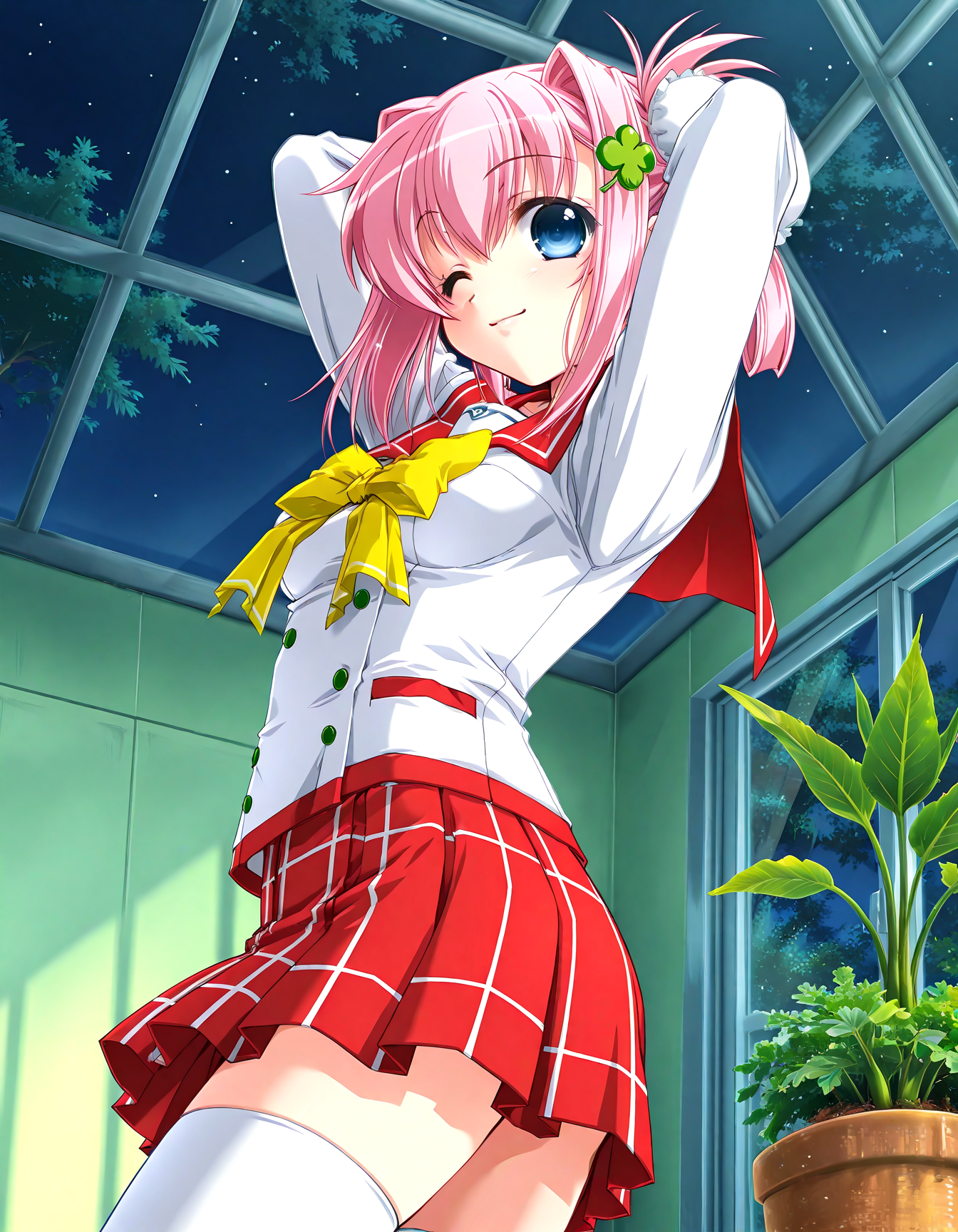 (1girl, solo:1.3), (2girls, 3girls, 4girls, multiple girls, 2boys, 3boys, 4boys, multiple boys:-1.5) <lora:Ainame_Chisato_Hachukano_Illustrious:0.9>, Ainame Chisato, medium breasts, blue eyes, pink hair, short hair, bangs, hair intakes, hair between eyes, sidelocks, bun cover, single hair bun, hair bun, four-leaf clover hair ornament, clover hair ornament, hair ornament, school uniform, serafuku, sailor collar, long sleeves, yellow bow, bowtie, pleated skirt, plaid skirt, red skirt, miniskirt, white thighhighs light smile, one eye closed, general, contrapposto, dynamic pose, arms behind head, portrait, from side, from below, , indoors, conservatory, plant garden, (green theme:1.1), plant, potted plant, flower, (perspective:0.7), <lora:NOOB_EPSv1_1_detailer_by_vlnvk_v1_0:1.5>, (photo background:0.7), night, (tachibana yuu:0.6), inue shinsuke, (kazuma muramasa:0.0), saikawa yusa, (aoi manabu:0.6), abarerumidori, (suzui narumi:0.6), masterpiece, newest, absurdres, 8K, anime screenshot, anime coloring, flat color, official art, film grain, <lora:illustriousXLv01_stabilizer_v1.185c:0.7>, <lora:LECO_Solo:-4.0>,