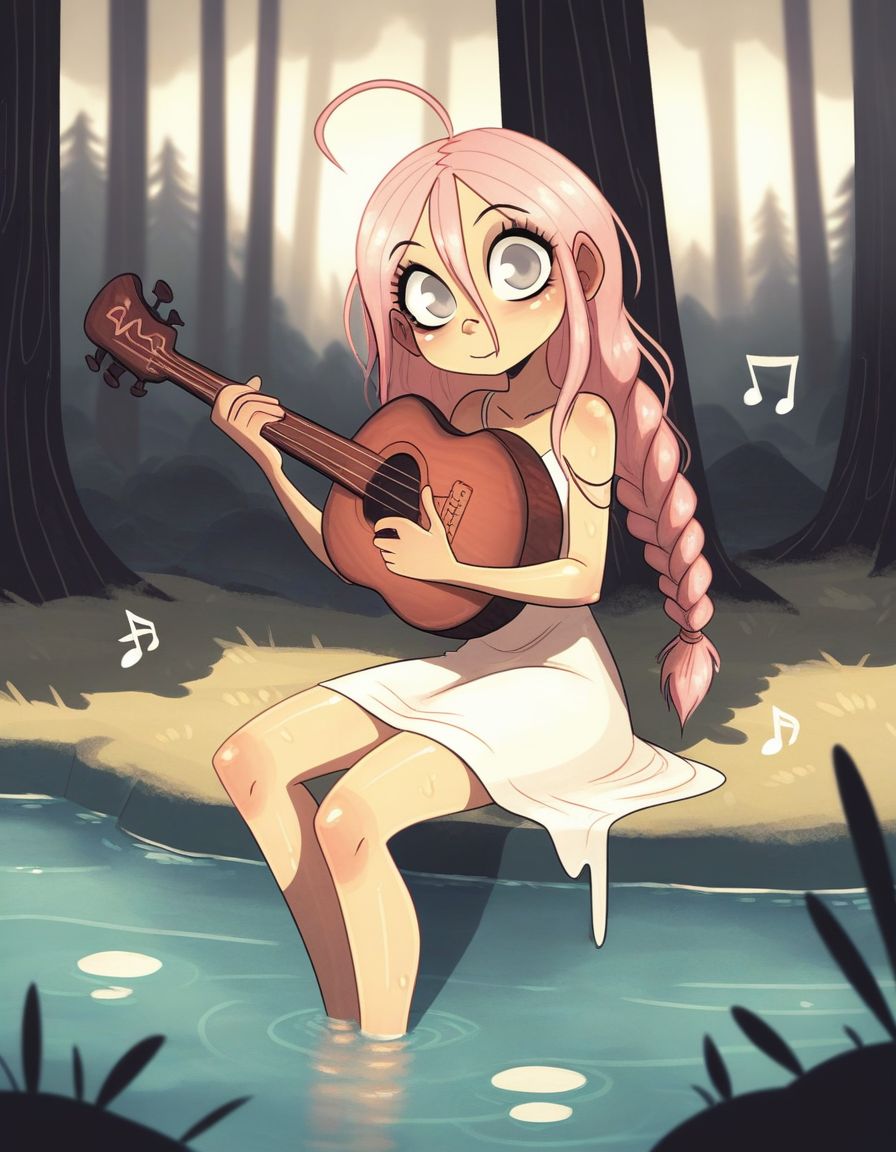 score_9,score_8_up,score_7_up, BREAK by cayless,  ,  silver eyes, , pink hair, long hair, ahoge, braid, solo, playing instrument, sitting , one outstretched leg, musical note, in a forest , trees , lake ,white dress , looking at viewer,