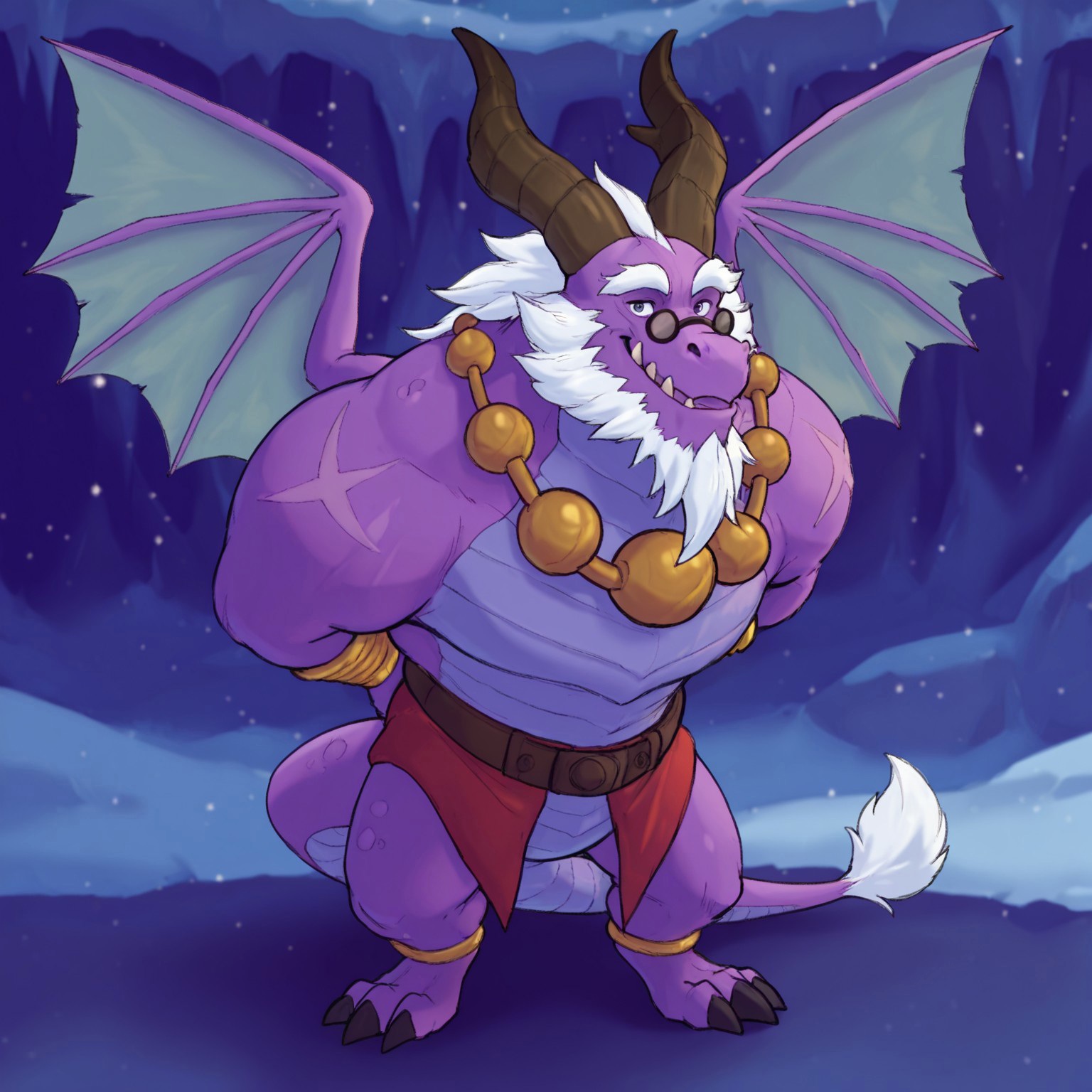 1boy, 2d, Asher, anthro, male, mature male, muscular, dragon, dragon boy, purple skin, scalie, scales, brown horns, dragon horns, facial hair, white hair, white beard, thick eyebrows, wings, brown necklace, bead necklace, black claws, toe claws, three toes, X scar on arm, tail, fangs, bracers, belt, tiny glasses on nose, 

BREAK hands behind back, grinning, facing viewer, looking at viewer, full body, standing

BREAK best quality, amazing quality, very aesthetic, absurdres, newest, masterpiece, high quality, abstract background 