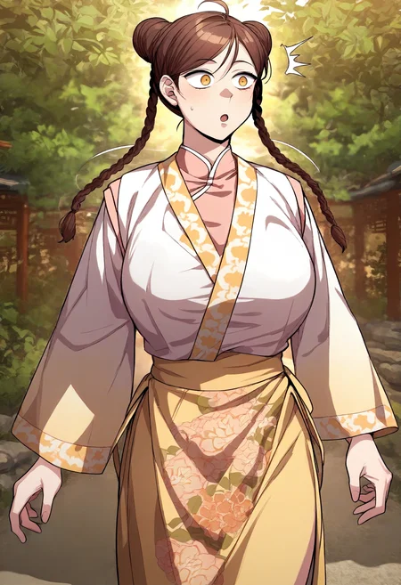 score_9, score_8_up, score_7_up, score_6_up, source_anime, rating_explicit, 1girl, (solo:1.1), huge breasts, <lora:Peng Mu-ah prefectPonyxl:1> brown hair, double bun, twin braids, brown eyes, long hair, ahoge, yellow eyes, chinese clothes, floral print, white shirt, pink shirt, wide sleeves, long sleeves, yellow skirt, surprised, forest, outdoors, looking ahead, walking