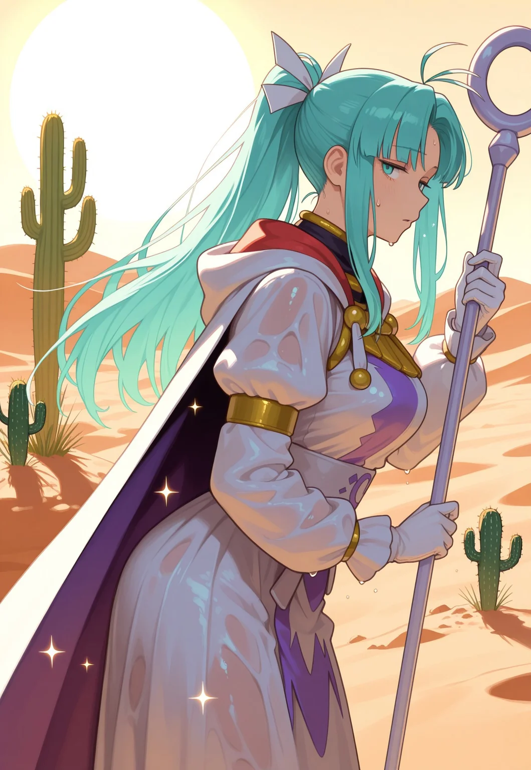 masterpiece, best quality, realistic, 1girl, cowboy shot, from side, hunched over, holding magic staff, sweat, wet clothes, sideways glance, jitome, looking at viewer,
m1a, aqua hair, parted bang, high ponytail, long hair, antenna hair, sidelocks, aqua eyes, narrow eyes,
hair ribbon, cape, two-tone dress, white and purple dress, long sleeves, long dress, white gloves, warm color palette, volumetric lighting, desert, sun rays, too damn hot, sweatdrop sparkle, cactus,